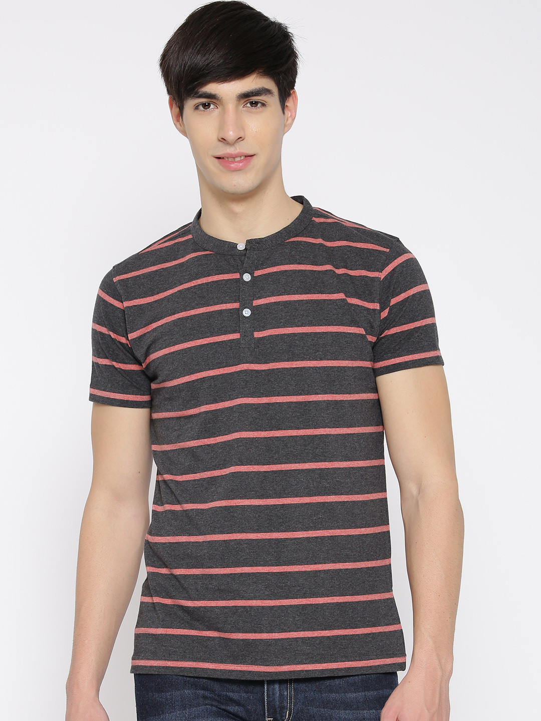 Buy American Crew Men Charcoal Grey & Pink Striped Henley T Shirt