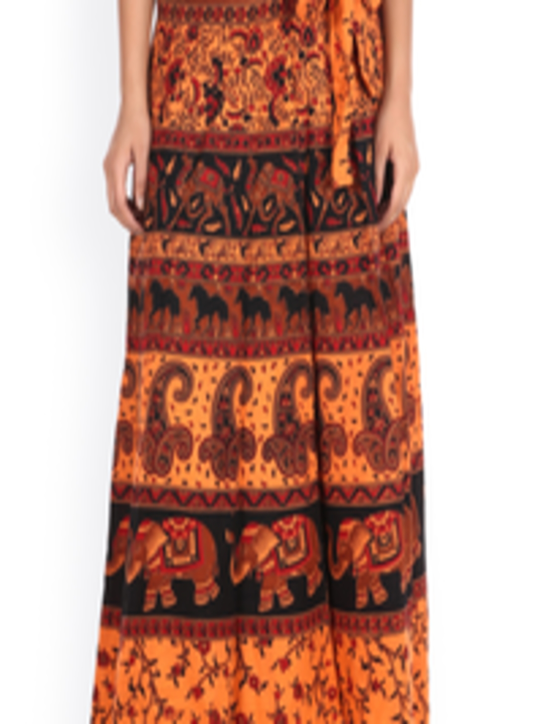 Buy SOUNDARYA Orange Ethnic Print Wrap Around Maxi Skirt - Skirts for