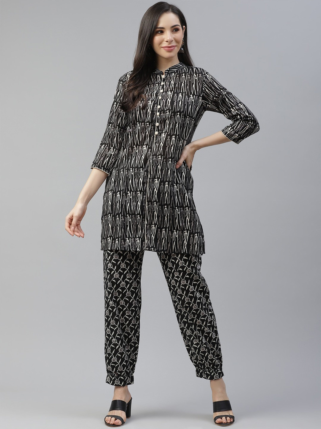 Buy Cottinfab Women Black Printed Kurti With Trousers Kurta Sets for