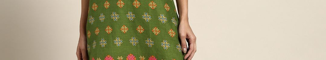 Buy Sangria Green & Beige Pure Cotton Printed Keyhole Neck A Line Dress ...