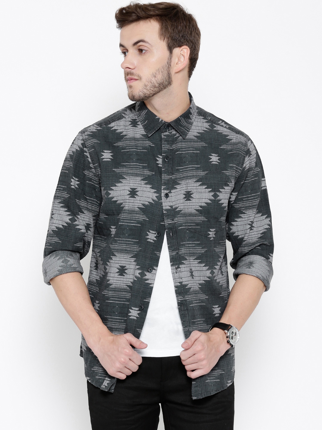 Buy John Players Men Charcoal Grey Trim Fit Patterned Casual Shirt ...