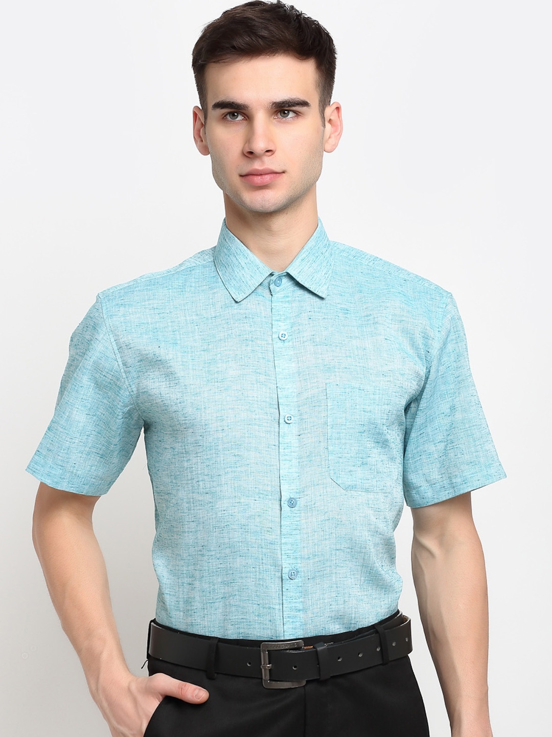 Buy JAINISH Men Blue Solid Cotton Half Sleeve Classic Formal Shirt ...