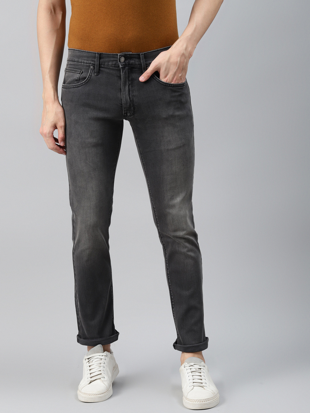 Buy Marks & Spencer Men Charcoal Grey Slim Fit Light Fade Stretchable ...