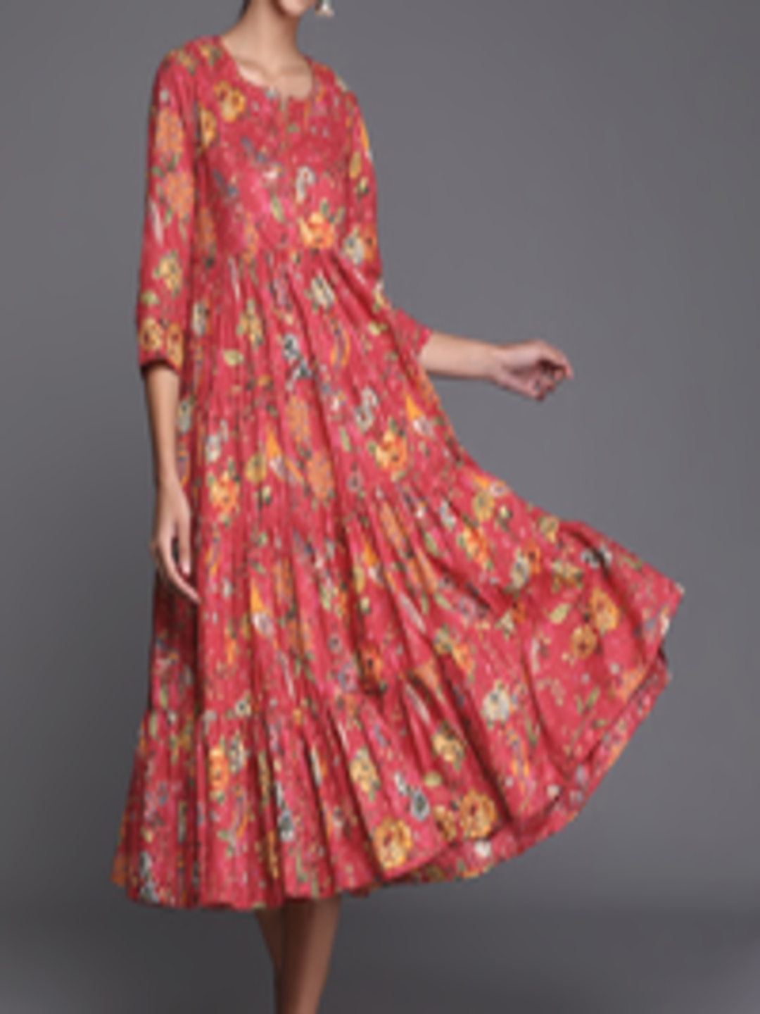 Buy Biba Pink & Orange Floral Midi Dress - Ethnic Dresses for Women ...