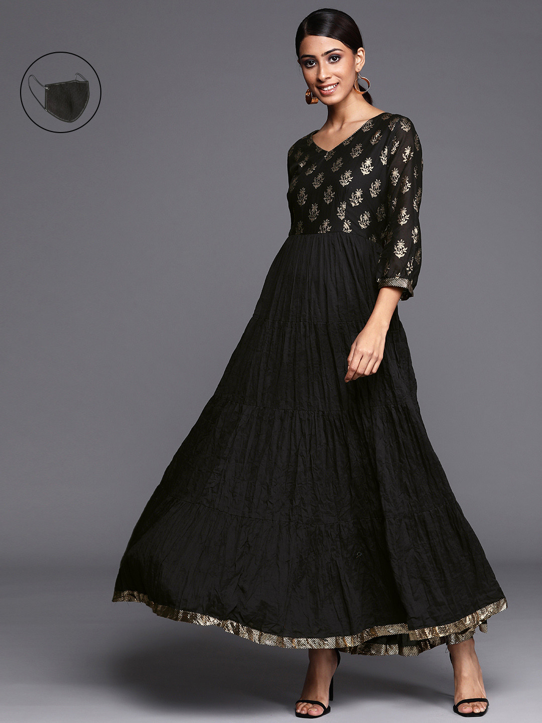 Buy Biba Black & Beige Pure Cotton Ethnic Motifs Print Tiered Maxi