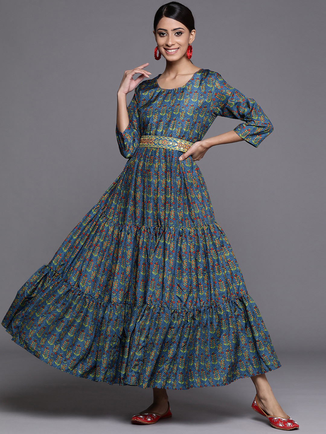 Buy Biba Teal Blue & Green Ethnic Motifs Printed Maxi Dress Comes With