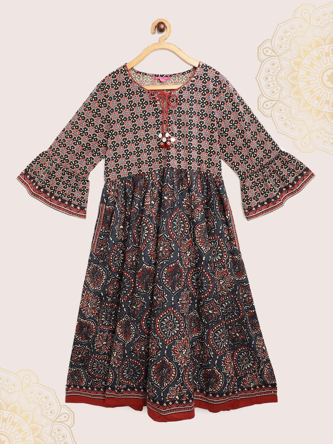 Buy Biba Girls Charcoal Grey & Rust Red Cotton Print Tie Up Neck Fit & Flare Dress Dresses for