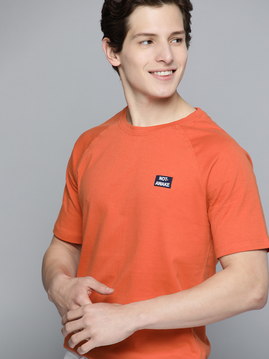 Buy M&H Easy Men Rust Orange Pure Cotton Raglan Sleeves Solid T Shirt