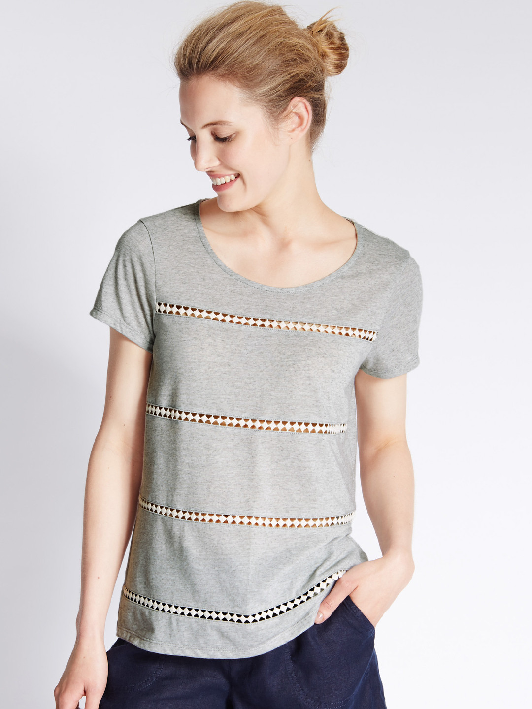 Buy Marks & Spencer Women Grey Melange Solid Crochet Detail Top Tops