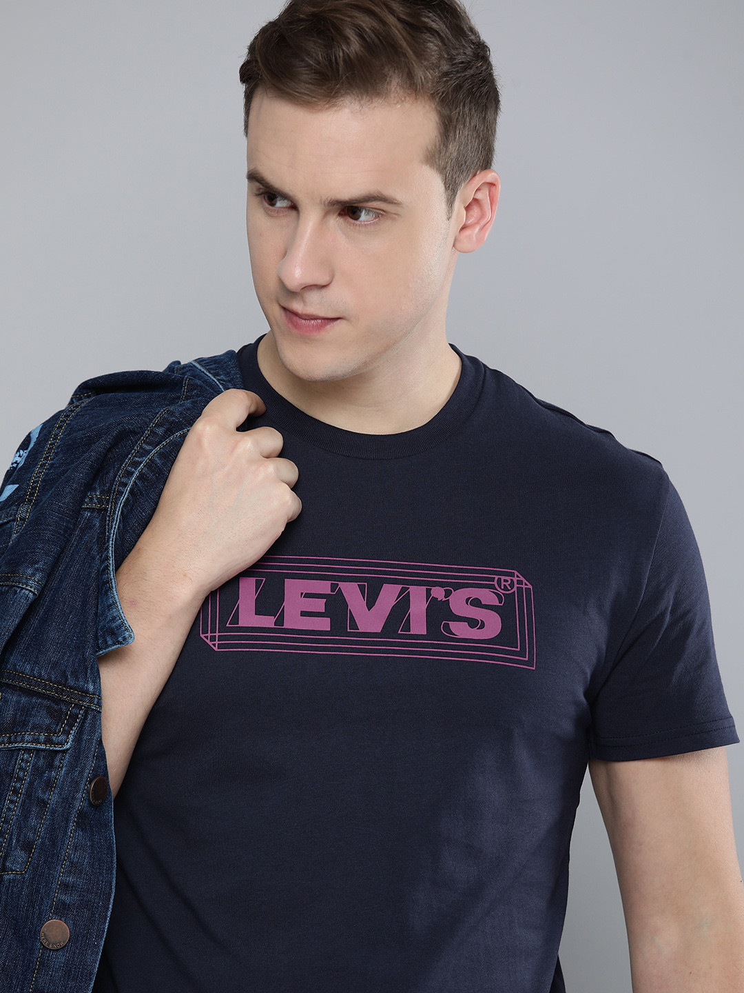 Buy Levis Men Navy Blue Brand Logo Printed Round Neck Pure Cotton T