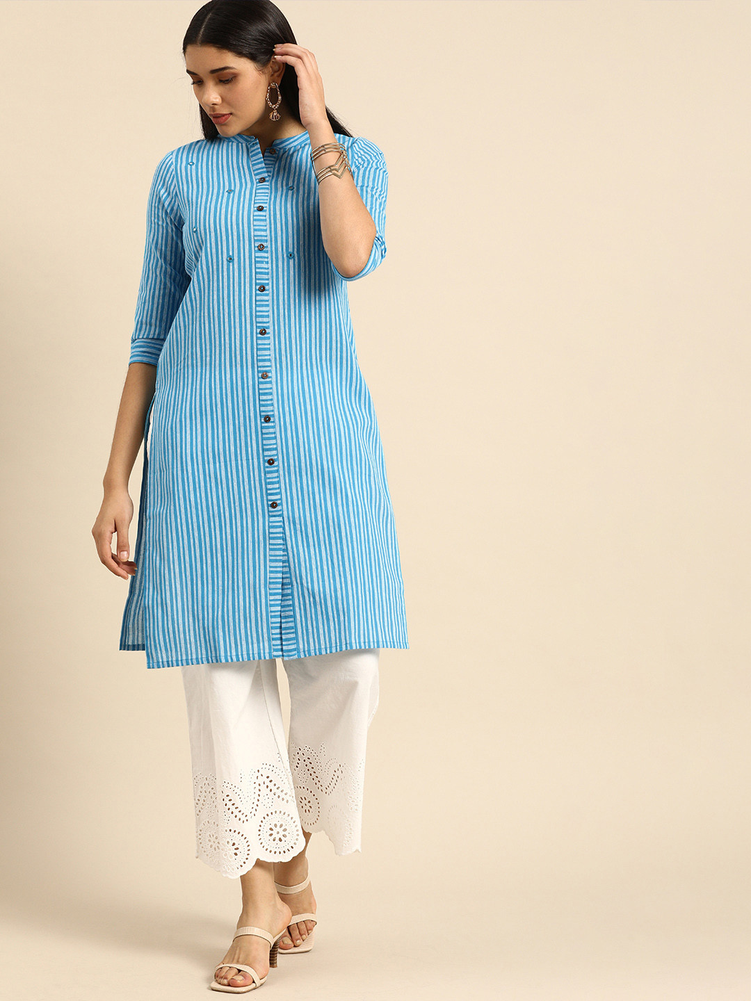 Buy Anouk Women Blue & Off White Striped Straight Kurta Kurtas for Women 14854728 Myntra