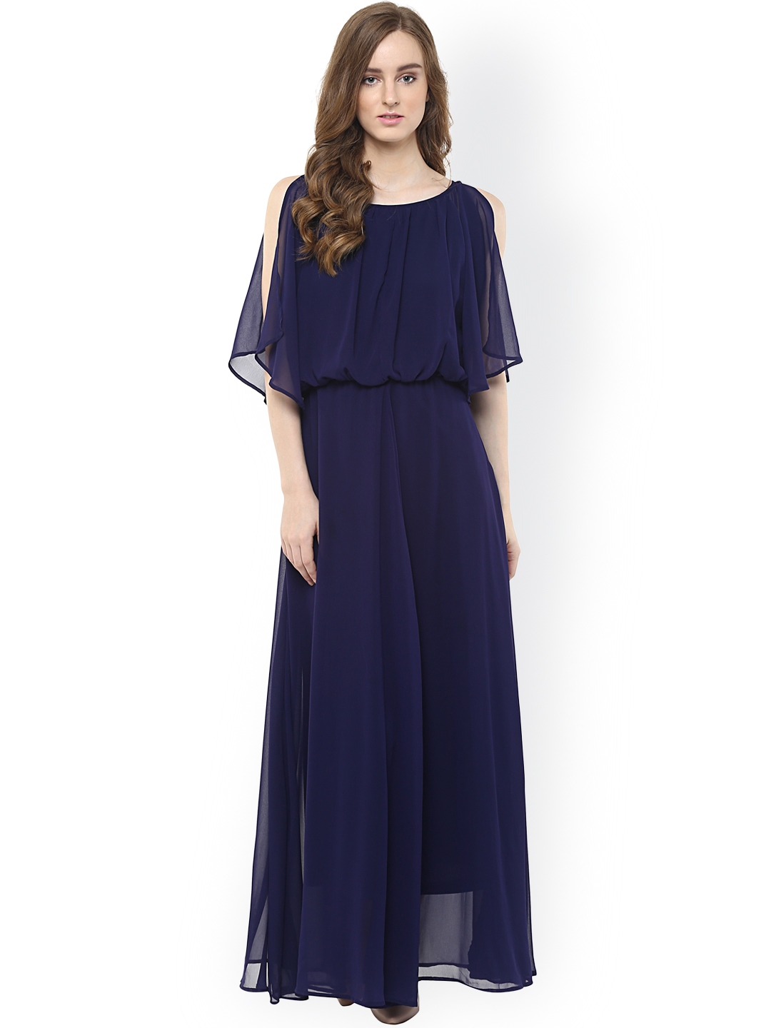 Buy Harpa Women Navy Solid Georgette Layered Maxi Dress - Dresses for ...