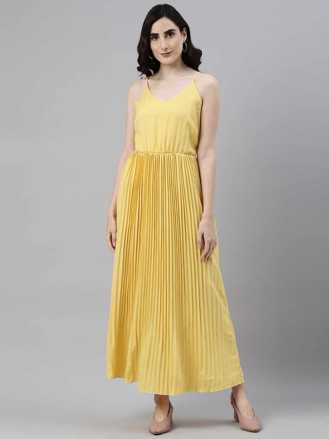 Buy Campus Sutra Yellow Accordion Pleated Maxi Dress Dresses for
