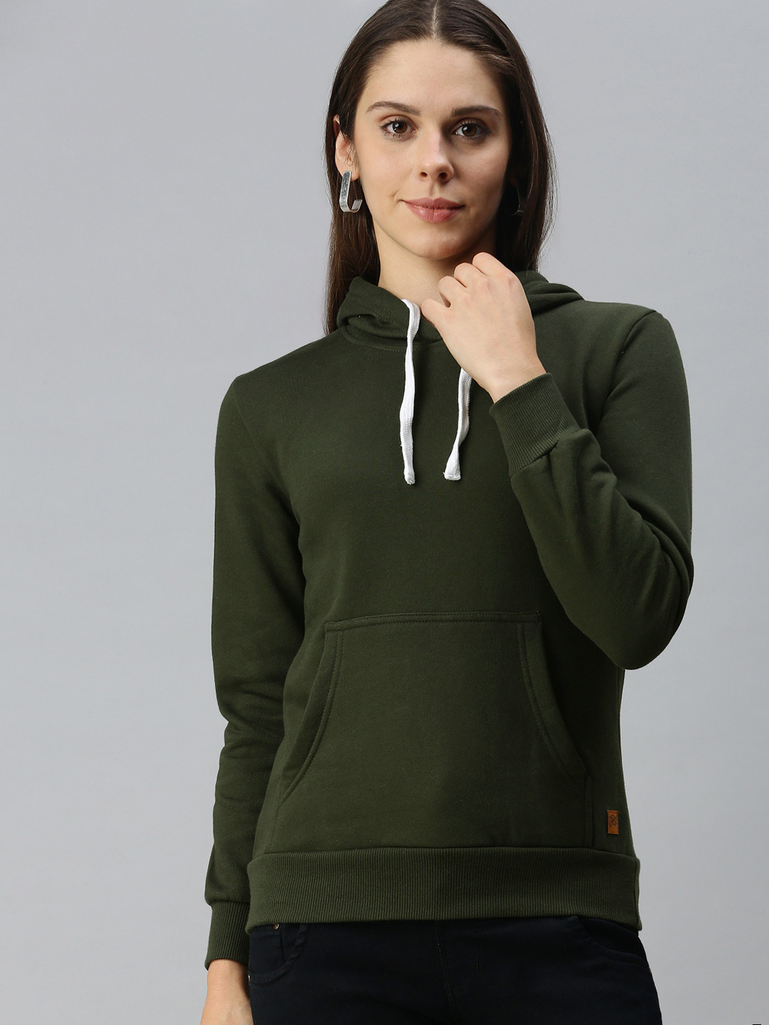 Buy Campus Sutra Women Olive Green Solid Hooded Sweatshirt