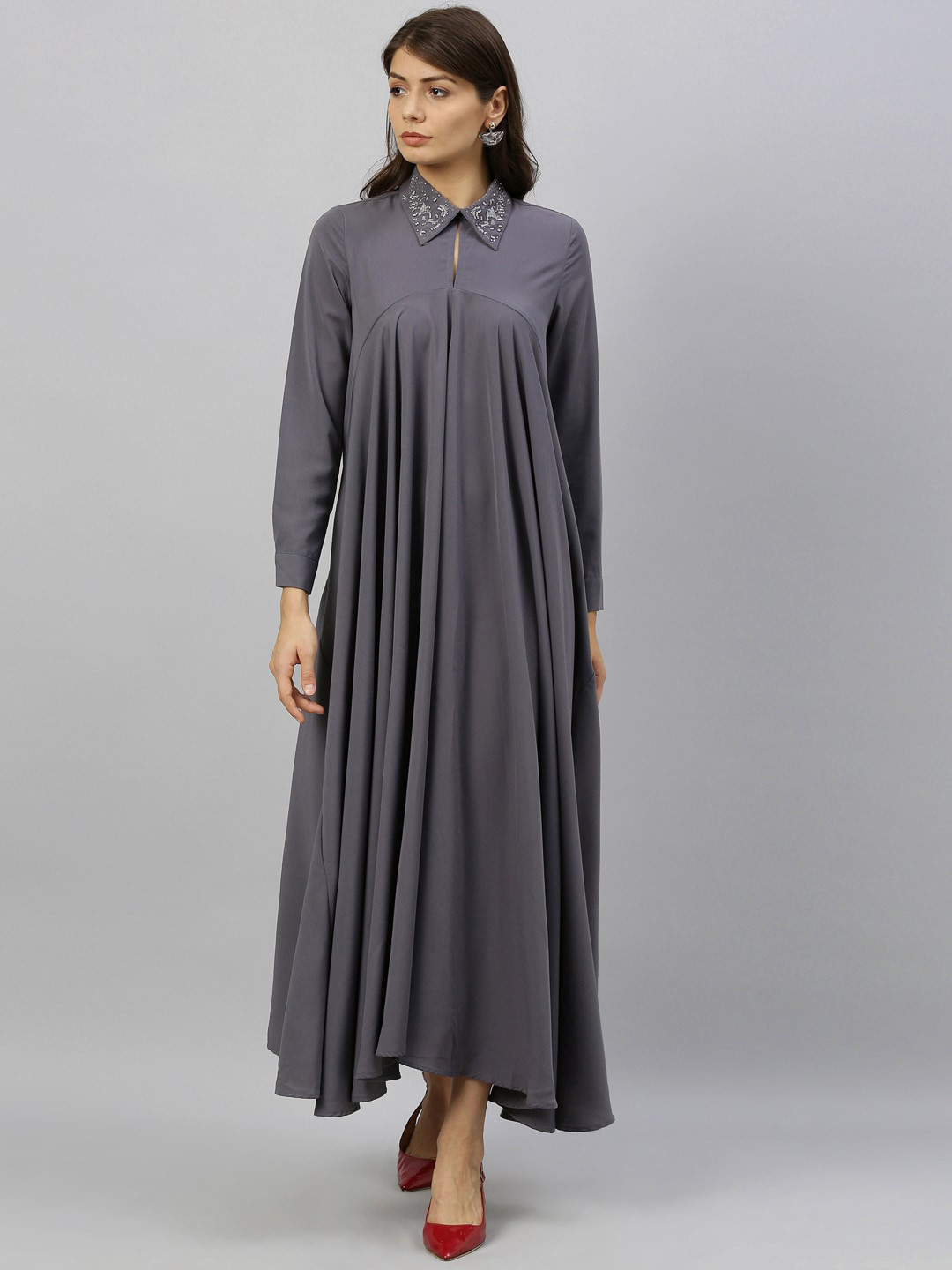 Rareism Women Deccan Beige Cotton Full Sleeve Collared Maxi Dress main image 0