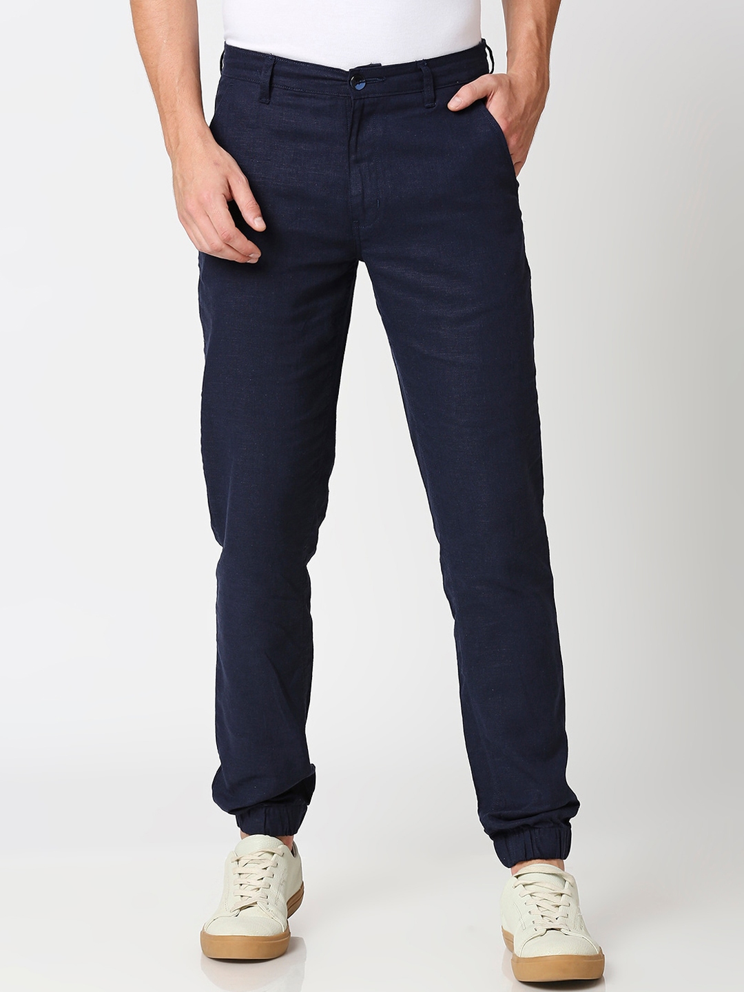 Buy Bewakoof Men Navy Blue Linen Joggers Trousers - Trousers for Men ...