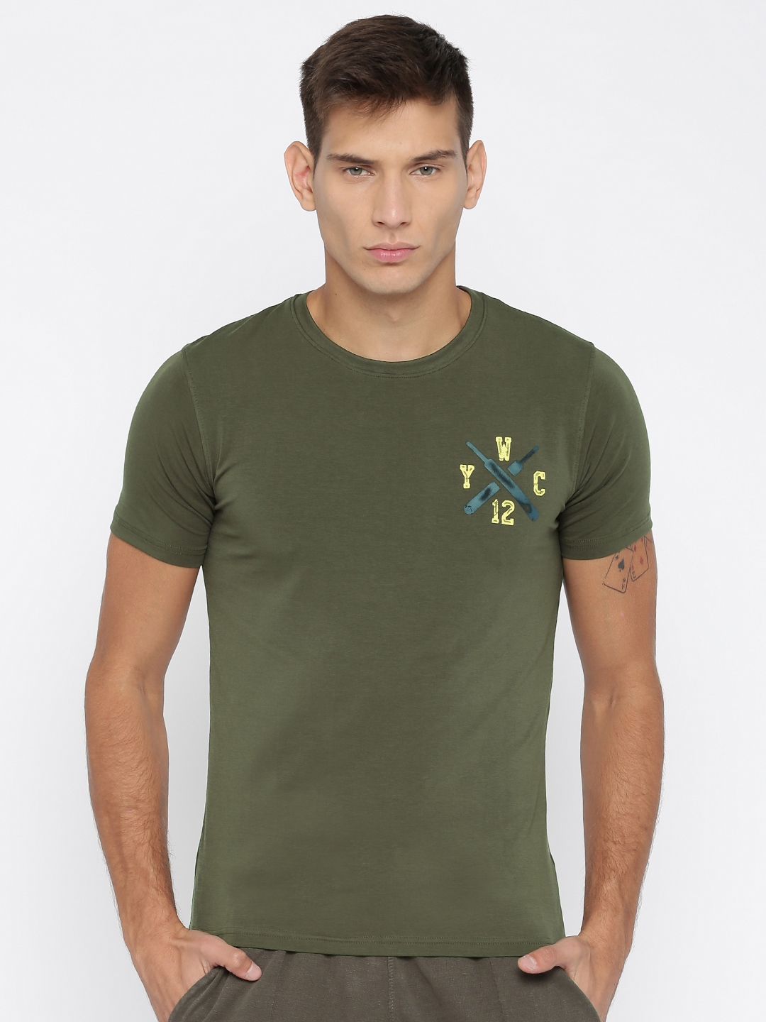 Download Buy YWC Men Olive Green Round Neck T Shirt With Printed ...