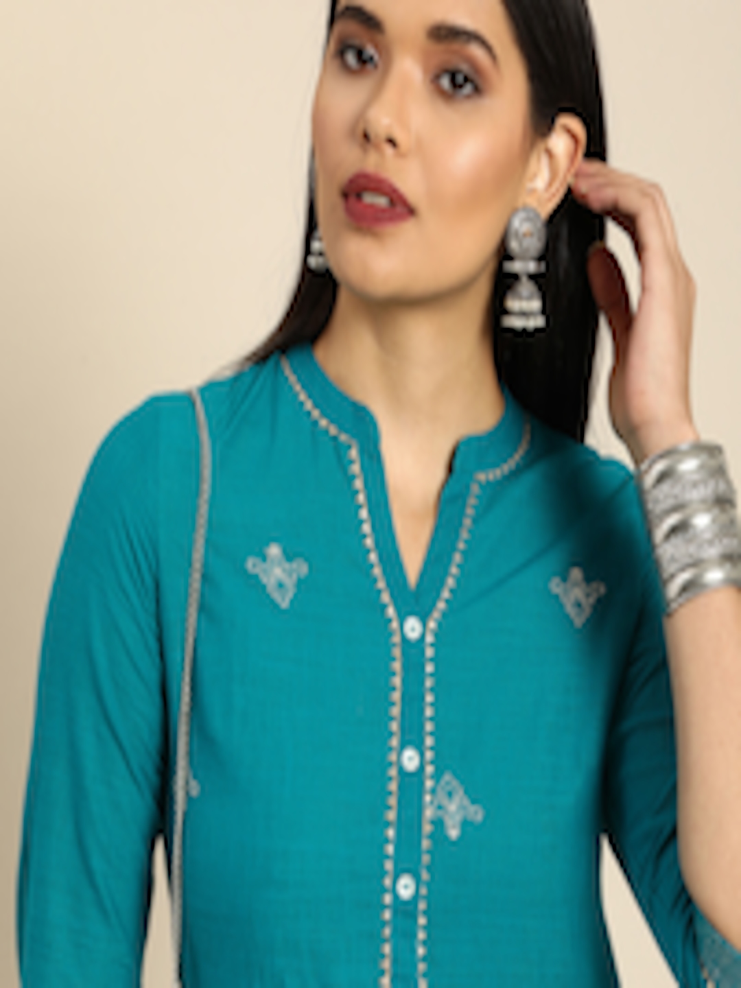Buy Anouk Women Blue Ethnic Motifs Embroidered Regular Thread Work Pure ...
