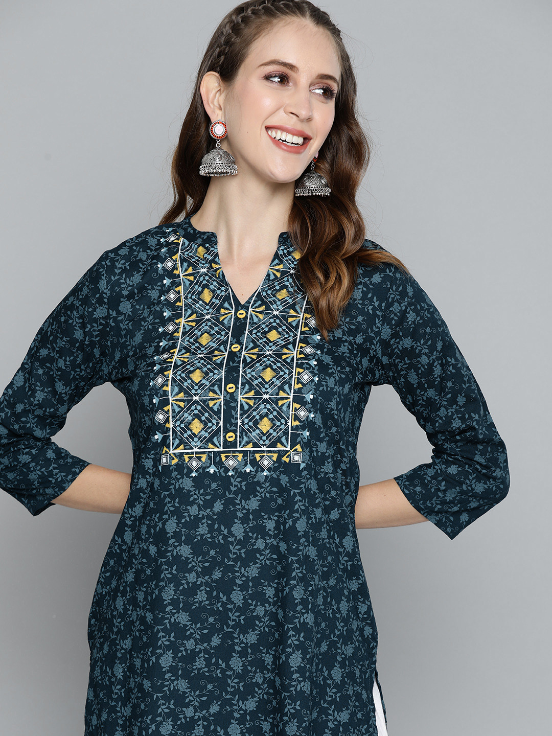 Women Teal Blue Printed Ethnic Kurta With Palazzo
