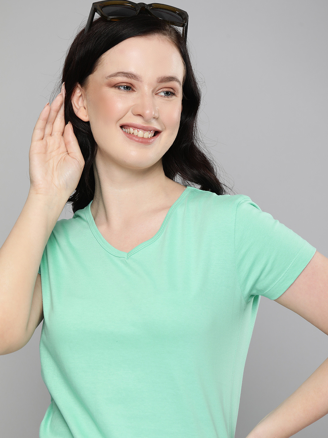 Buy HERENOW Women Green Solid Pure Cotton V Neck Pure Cotton T Shirt