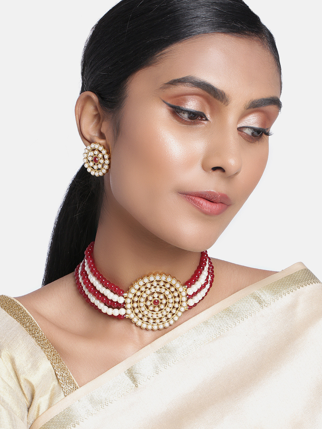 Buy Peora Gold Plated & Red Kundan & Pearl Studded Jewellery Set