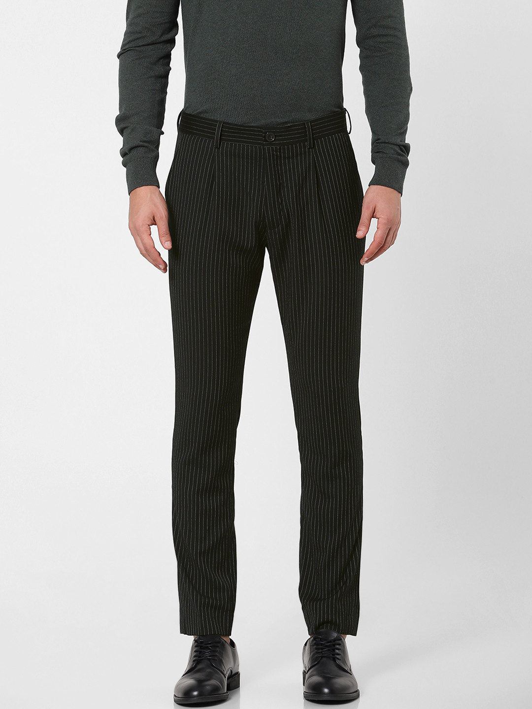 Buy SELECTED Men Black Striped Slim Fit Pleated Trousers Trousers for