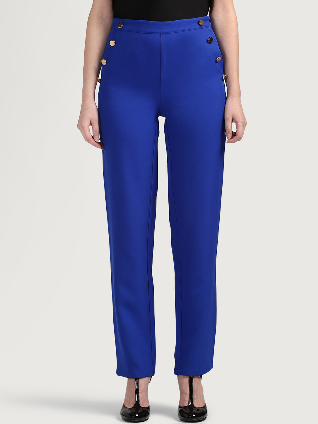 Buy COVER STORY Women Blue Solid Flat Front Trousers Trousers for Women 1490340 Myntra