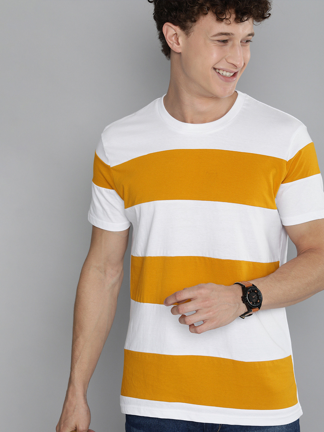 Buy HERENOW Men White Mustard Yellow Striped Pure Cotton T Shirt