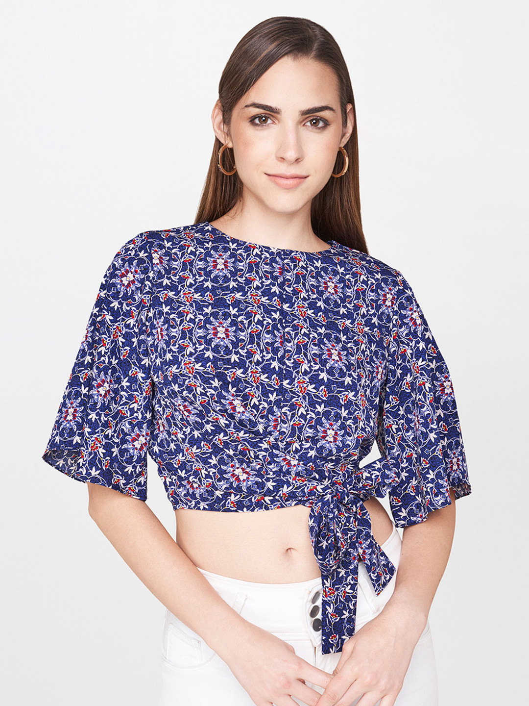Women's Navy Blue Geometric Print Puff Sleeves Crop Top