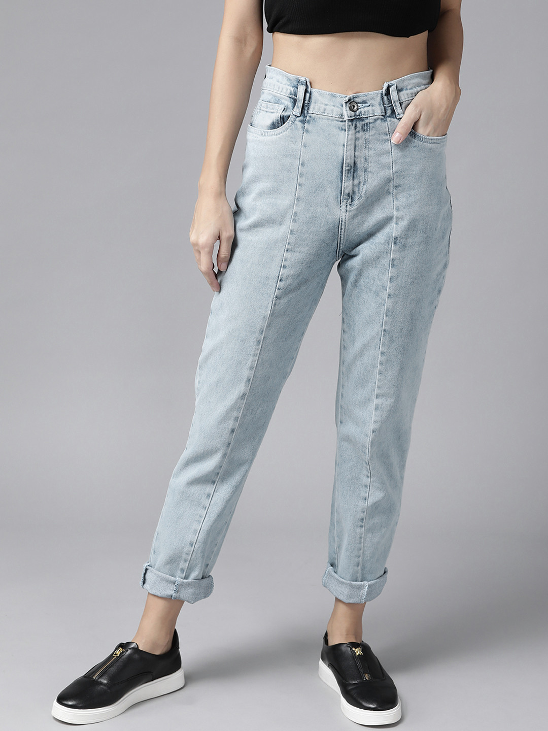 Women's Blue Straight Fit Light Fade Low Distress Stretchable Jeans