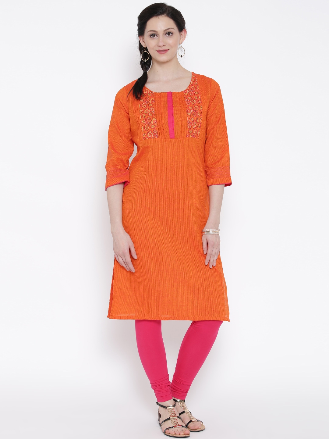 Buy Rangriti Women Orange Self Striped Straight Kurta - Kurtas for ...
