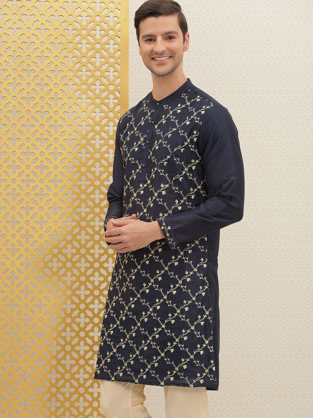 Buy House Of Pataudi Men Navy Blue Ethnic Motifs Flared Sleeves Thread