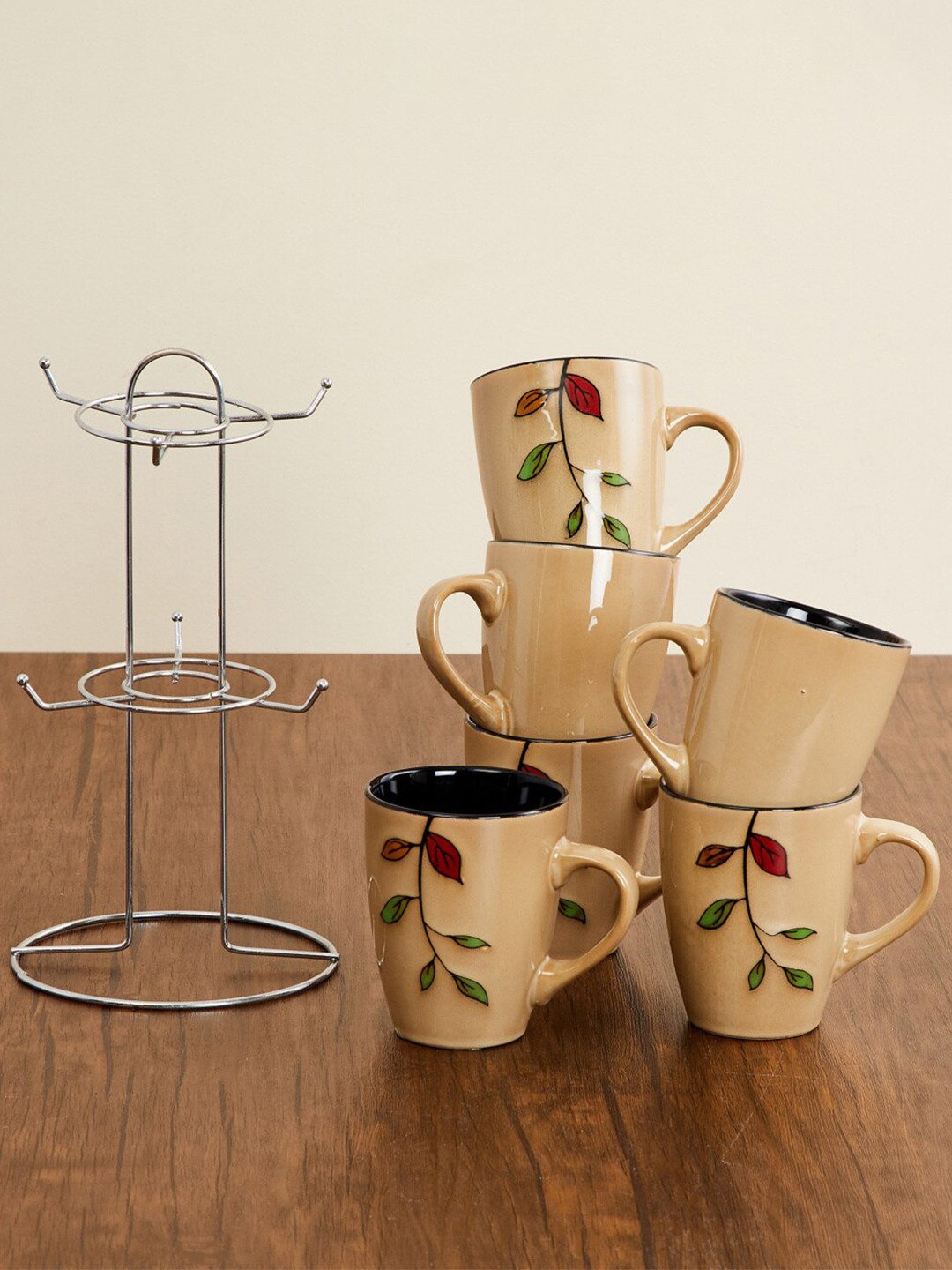 Buy Home Centre Set Of 6 Camel Brown & Silver Toned Printed Stoneware Mugs & Metal Stand Cups