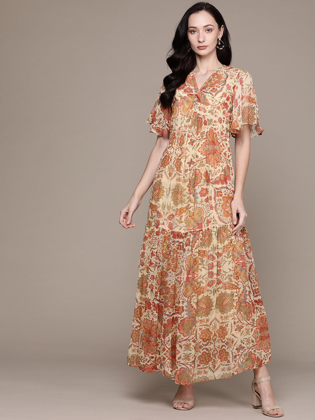Buy Label Ritu Kumar Beige Floral A Line Maxi Dress Dresses