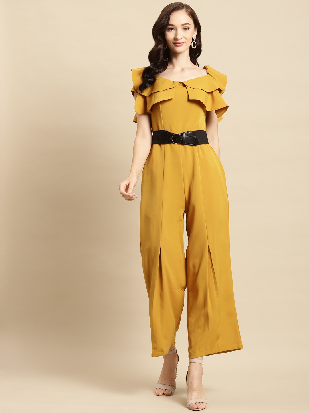 Buy WoowZerz Mustard Yellow Basic Jumpsuit With Ruffles Jumpsuit for