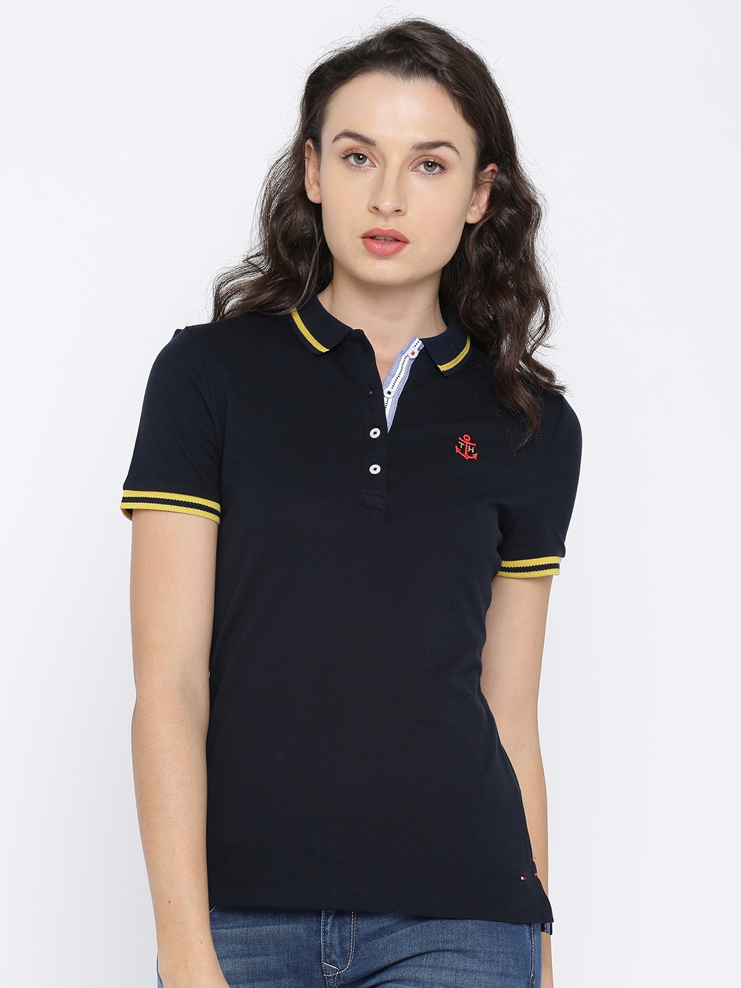 Buy Tommy Hilfiger Women Navy Blue Solid Polo Collar T Shirt - Tshirts ...