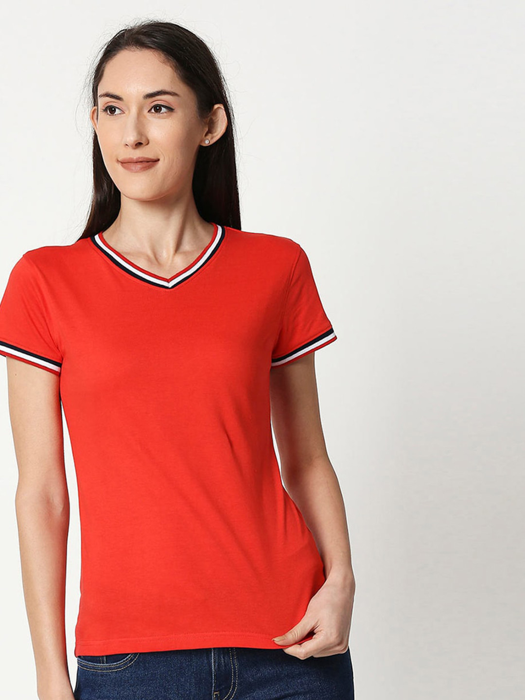 Buy Bewakoof Women Red V Neck Slim Fit Pure Cotton T Shirt Tshirts