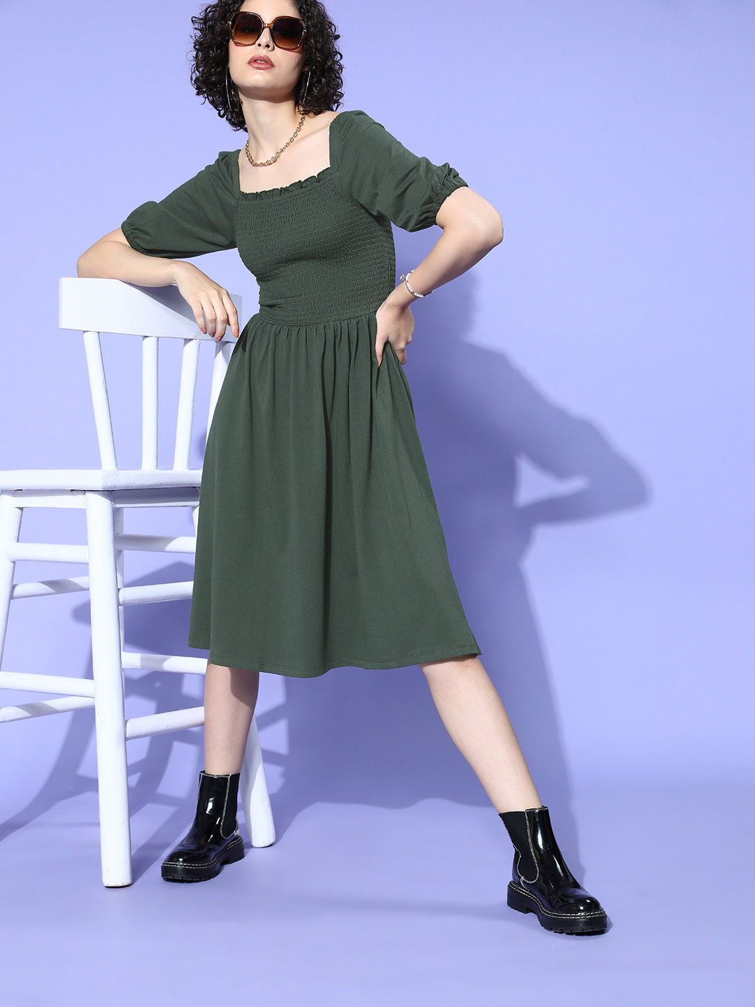 Buy Roadster Olive Green Smocked A Line Midi Dress Dresses for Women