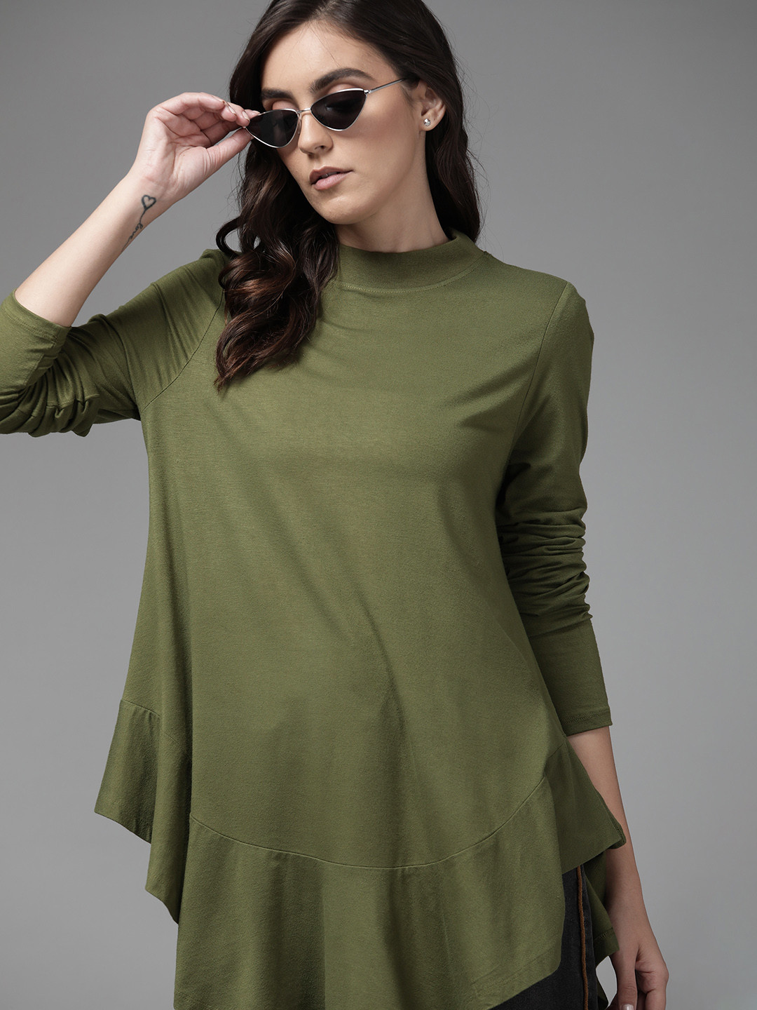 Buy Roadster Olive Green Solid Longline Top Tops for Women 14935740