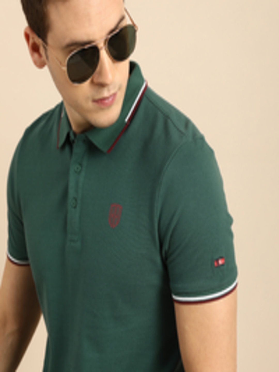 Buy Being Human Men Green Solid Polo Collar Pure Cotton T Shirt With