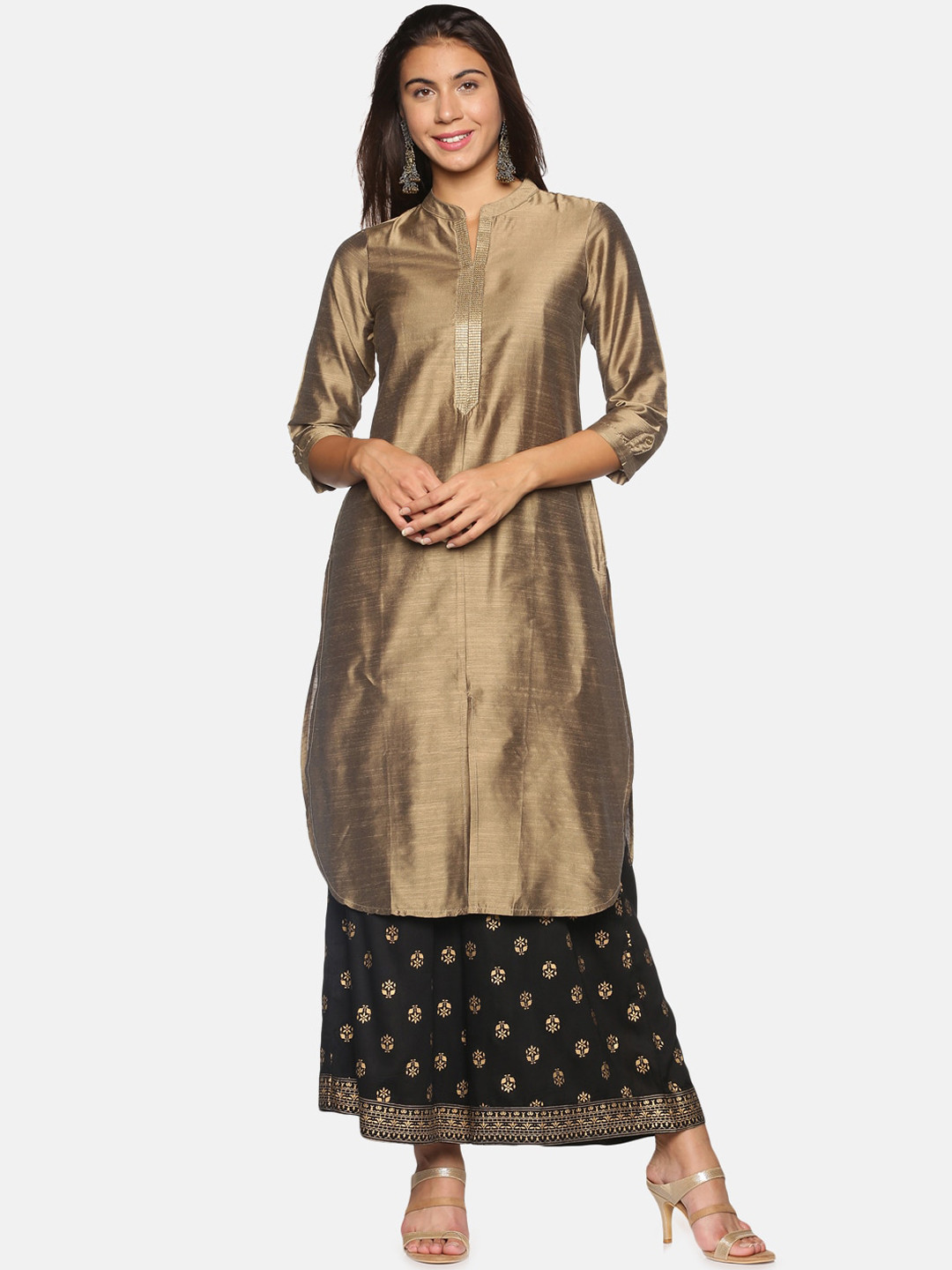 Women'S Peach-Coloured & Gold-Toned Printed Kurta With Palazzos