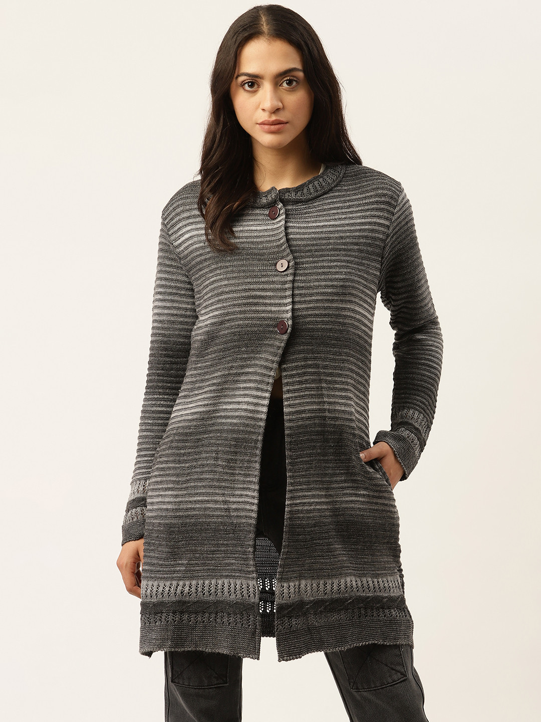 Buy American Eye Women Charcoal Grey Striped Longline Cardigan