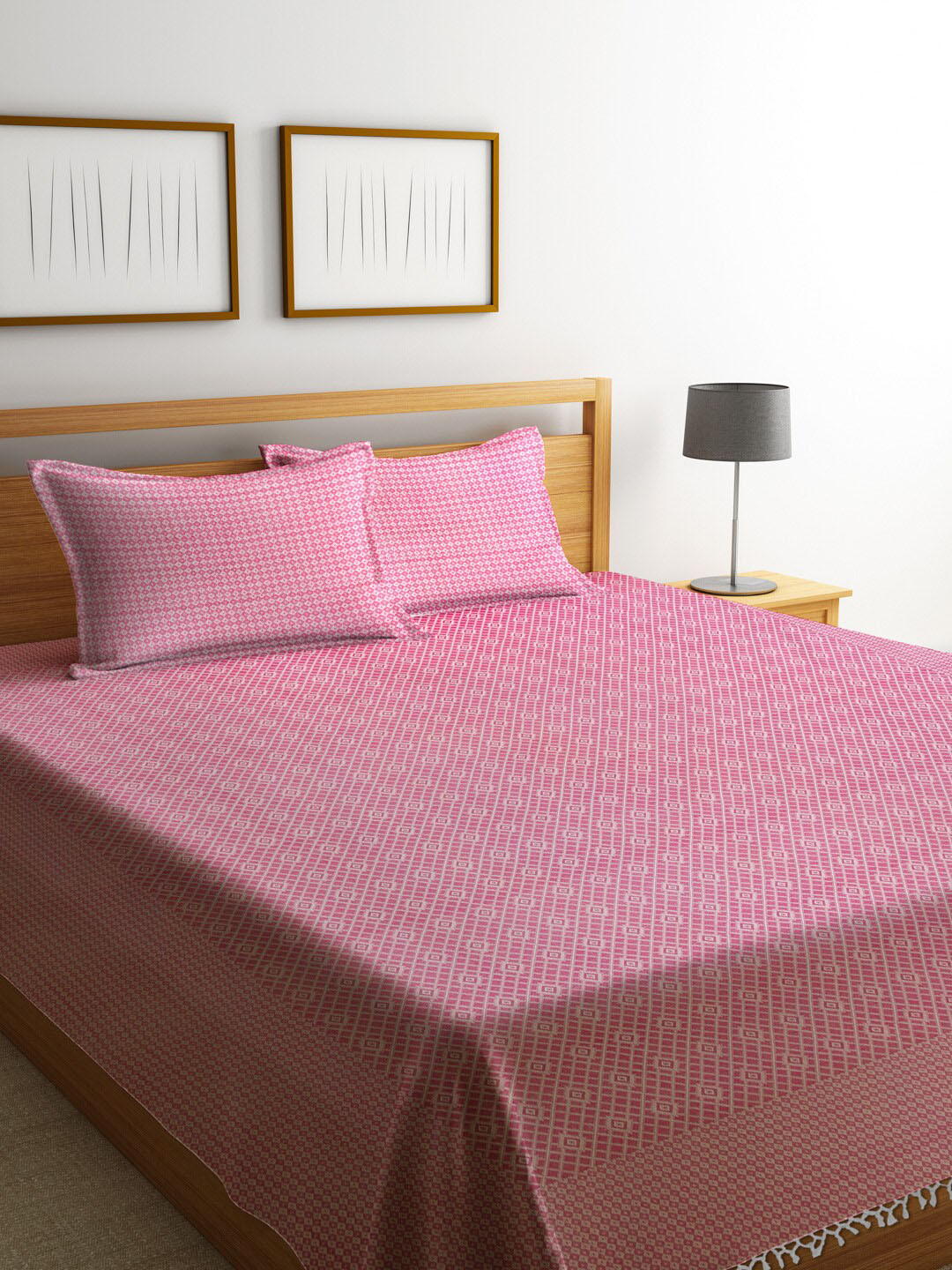 Buy NEUDIS Pink & White Woven Design Hand Woven Cotton Jacquard Double