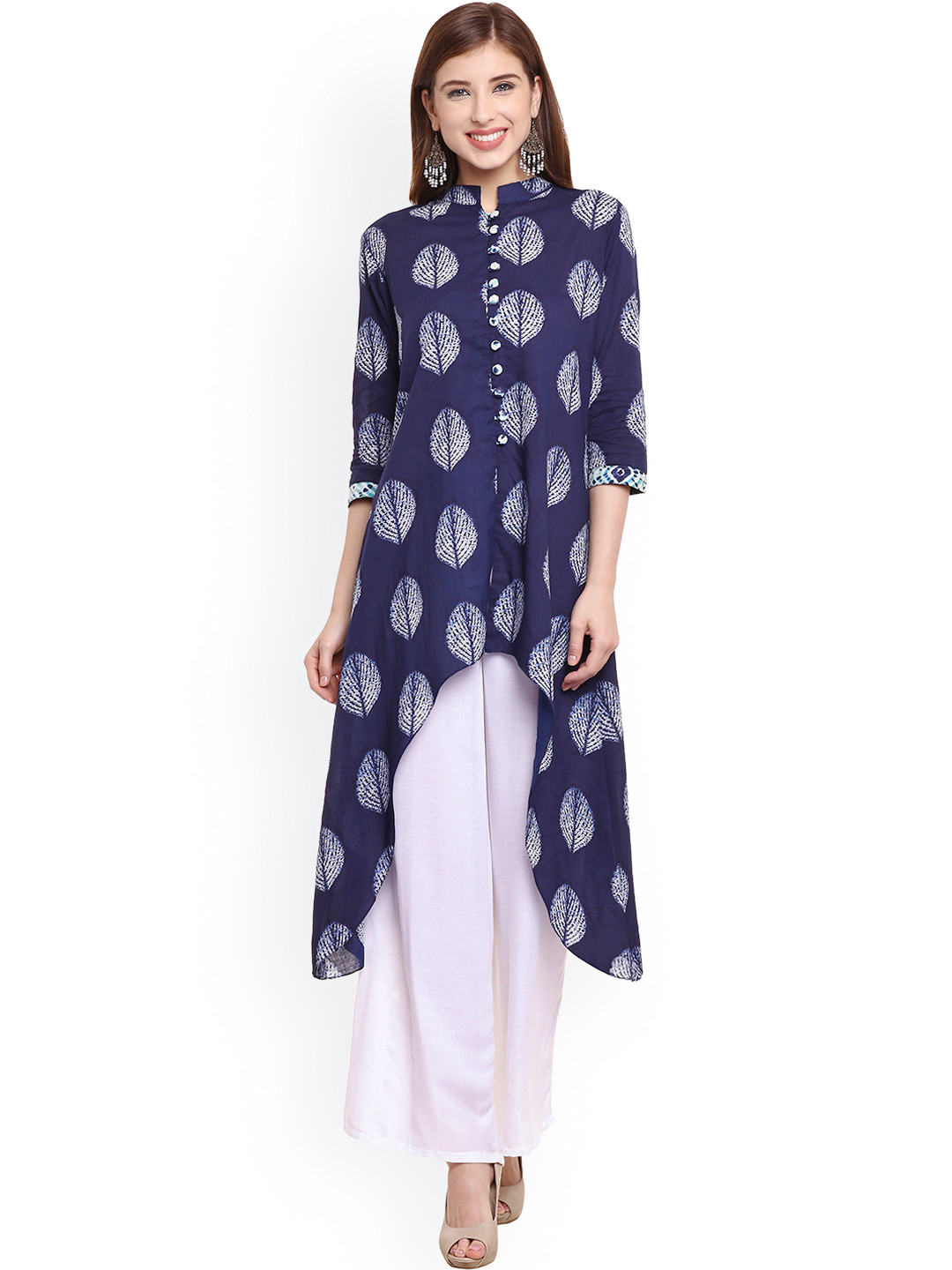 Buy Be Indi Navy & White Printed High Low Kurti Kurtis for Women