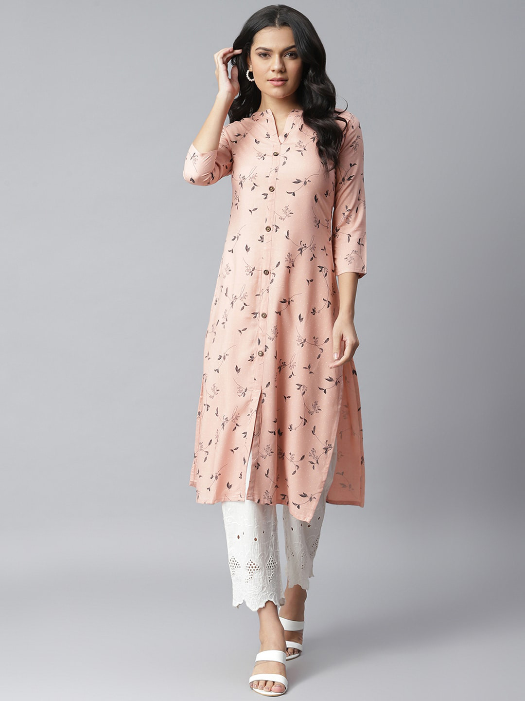 Women Peach & Maroon Floral Printed Floral Flared Kurta