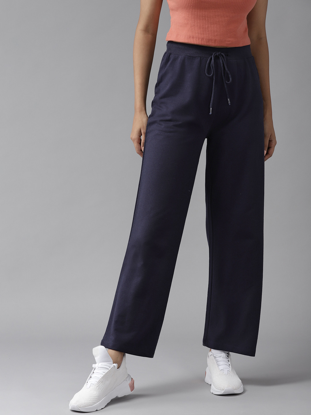 Buy Roadster Women Navy Blue Solid Wide Leg Fit Track Pants Track