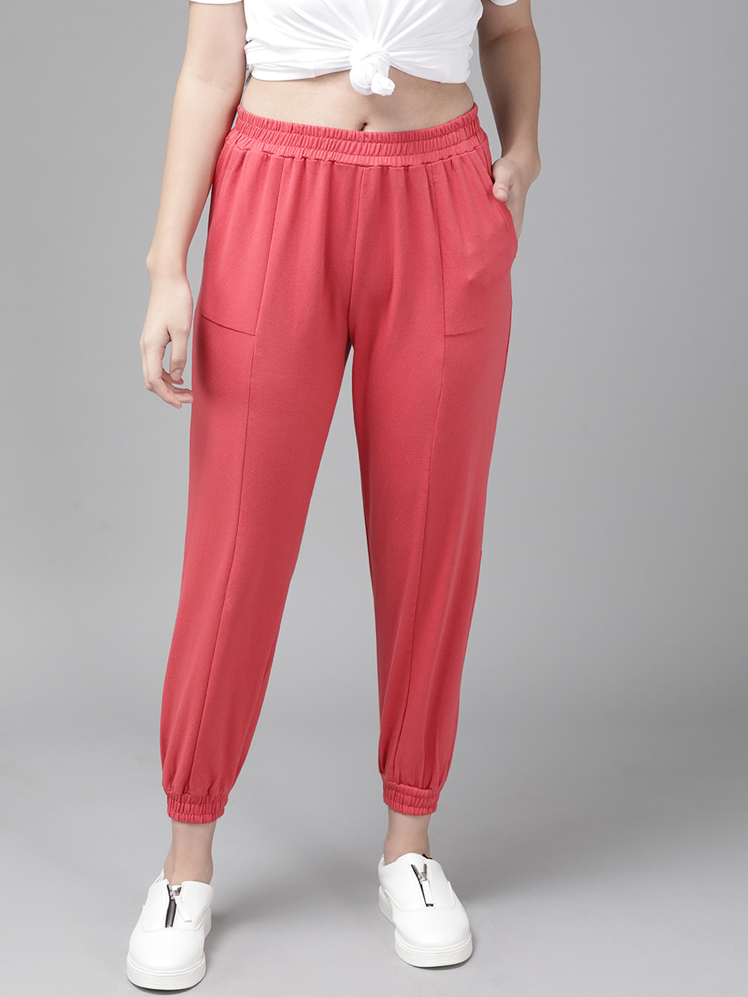 Buy Roadster Women Red Solid Straight Fit Cropped Joggers Track Pants
