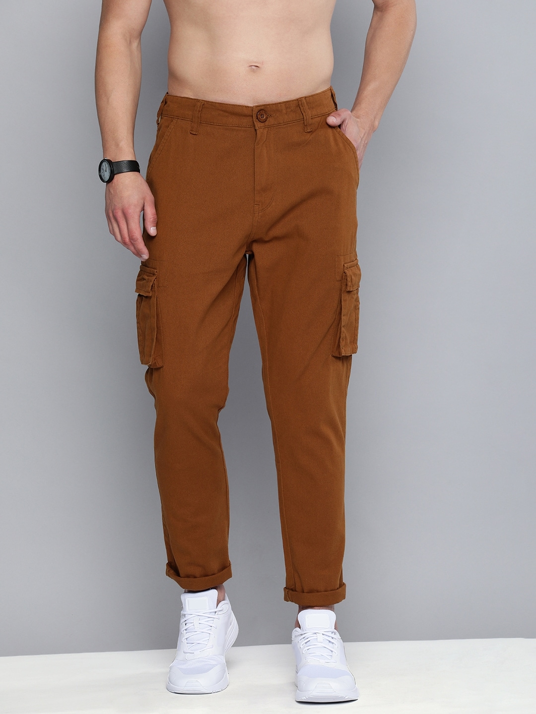 Buy HERE&NOW Men Brown Solid Mid Rise Regular Fit Cargos Trousers ...