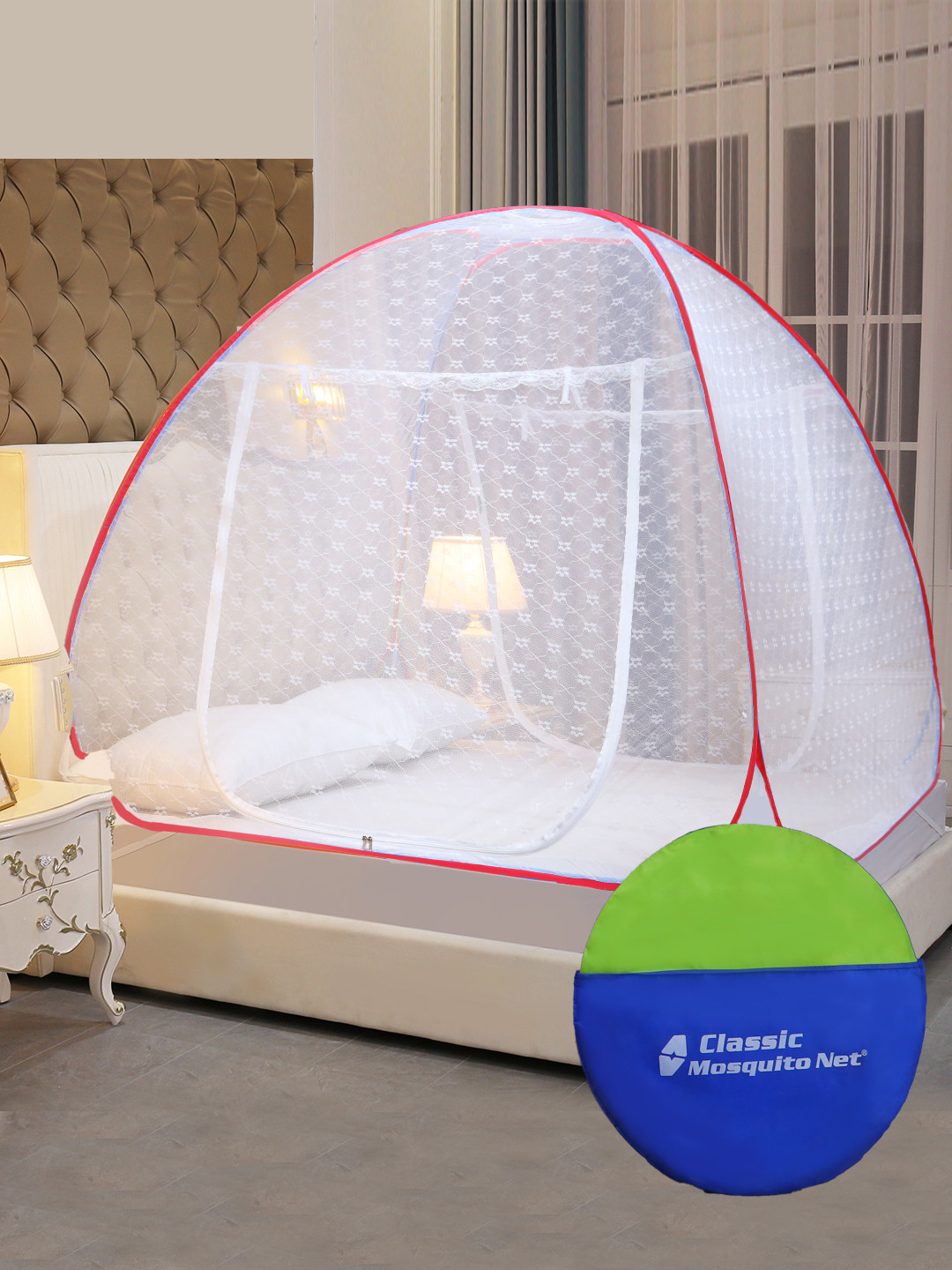 Buy Classic Mosquito Net Red & White Self Design Mosquito Net
