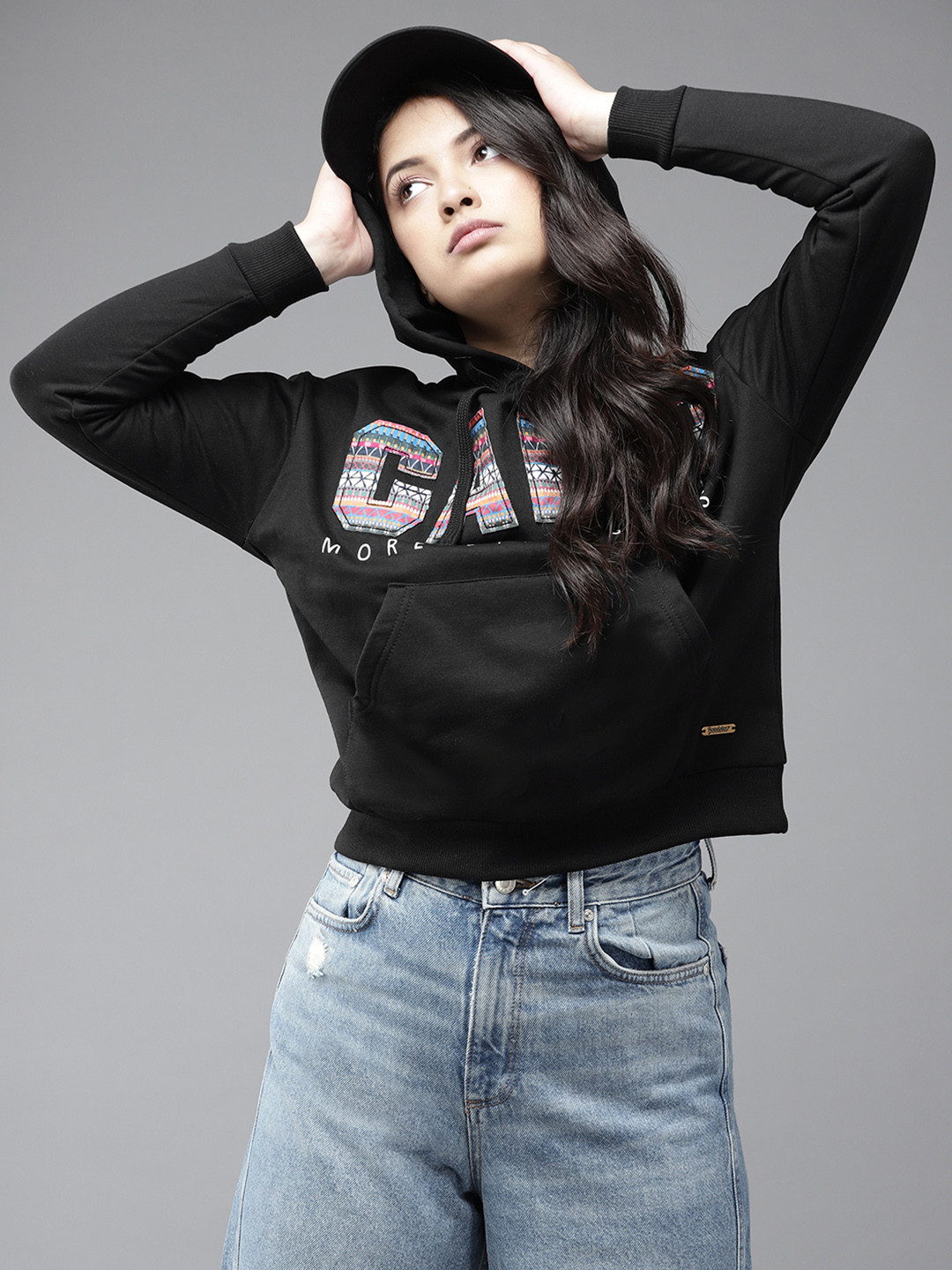 Buy UTH By Roadster Girls Black Applique Hooded Sweatshirt